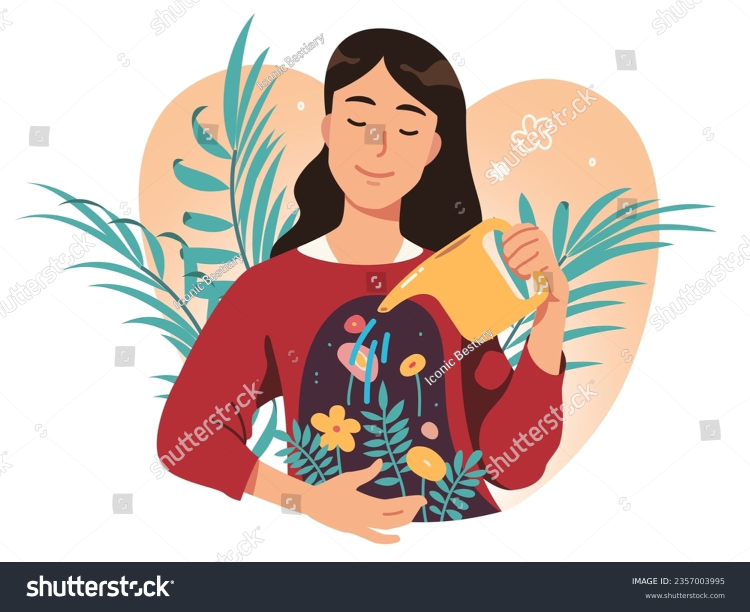 Person self love, mental health concept. Peaceful woman watering flowers inside her. Well-being, psychologist care, mindfulness, psychology, mind balance therapy, positive attitude vector illustration #2357003995