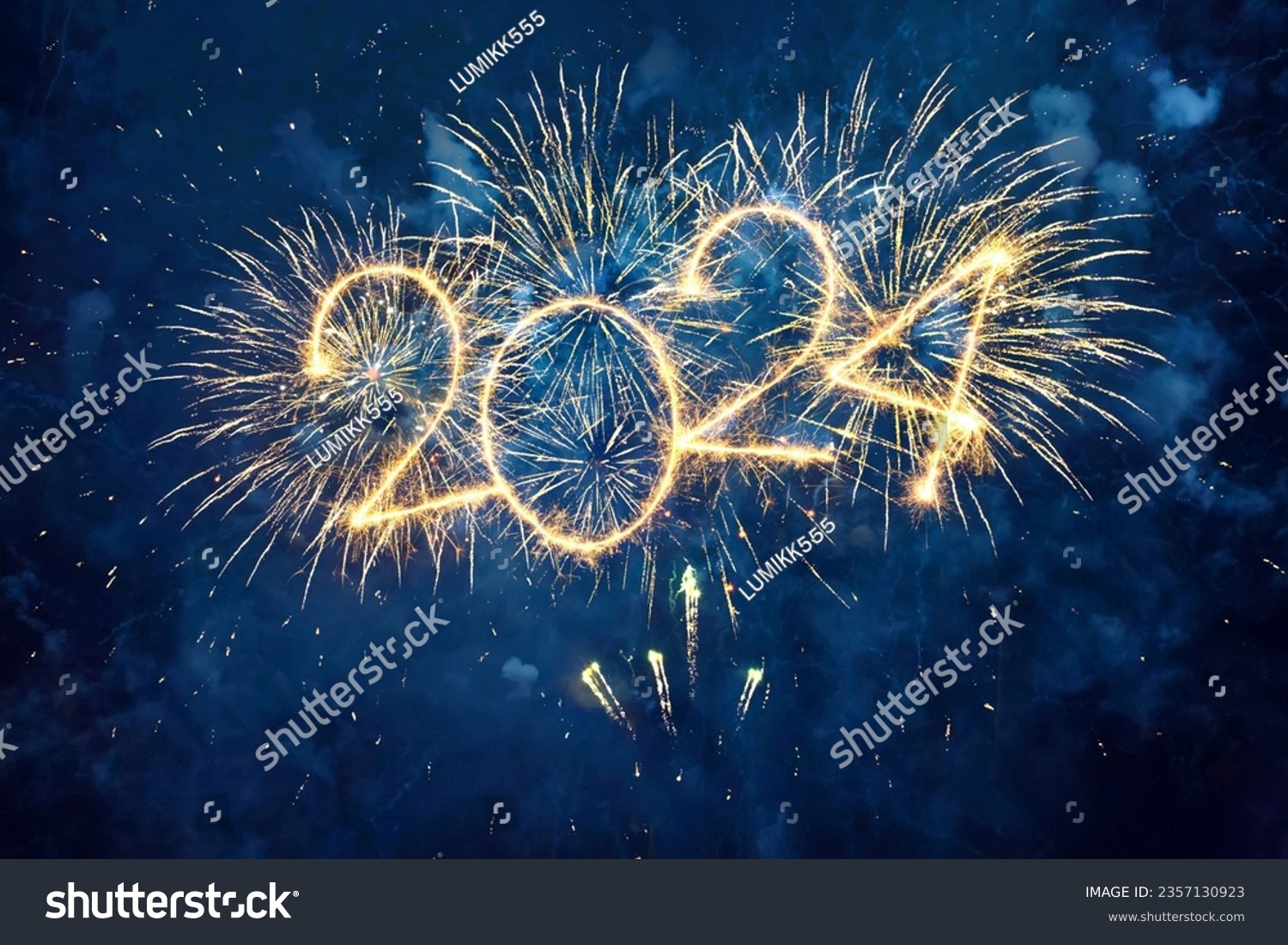 Happy New Year 2024. Beautiful creative holiday web banner or flyer with Golden firework and sparkling number 2024 on night blue sky background. #2357130923