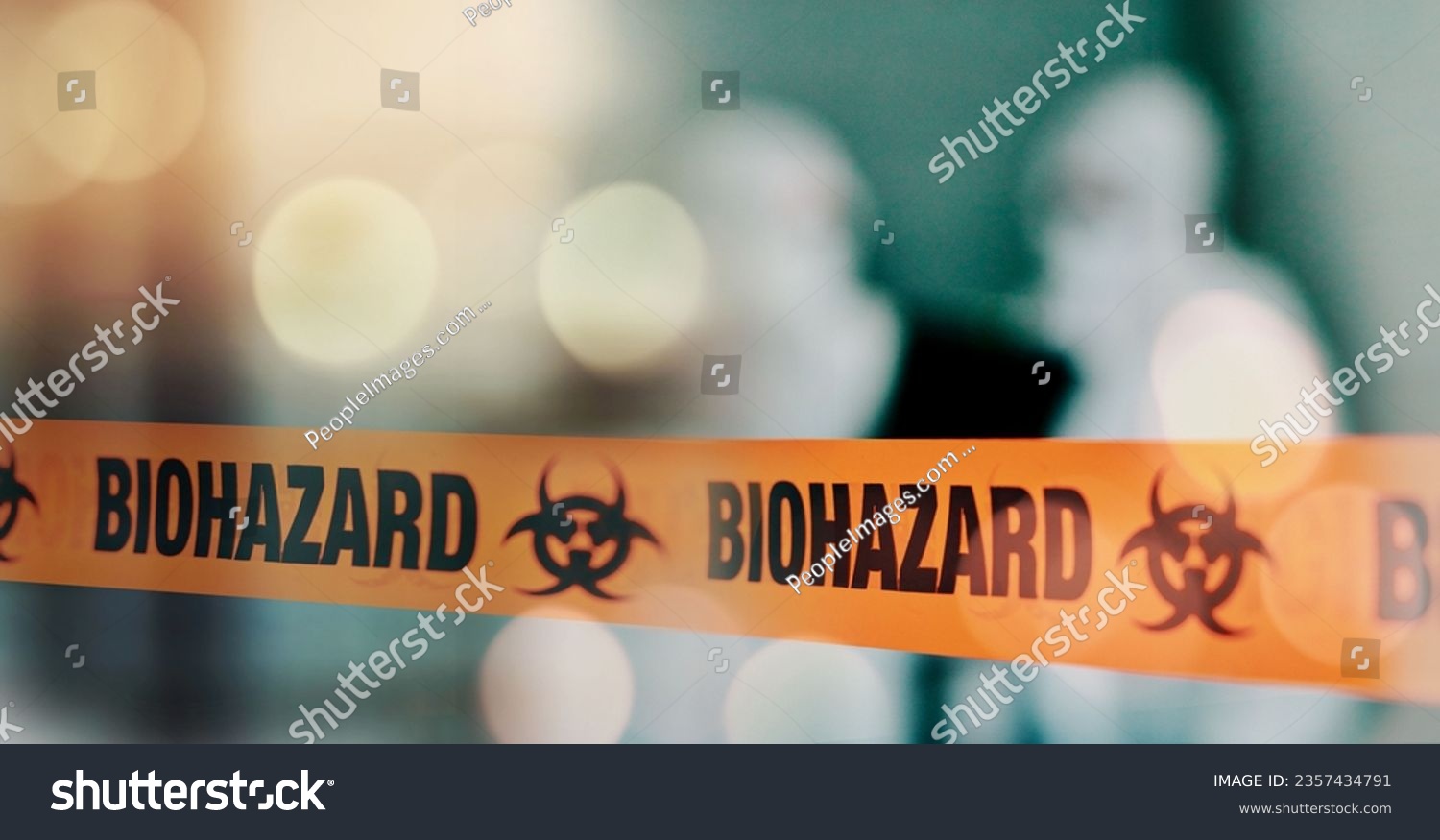 Warning, tape and danger, biohazard and health, infection and barrier with bokeh, blurred background and science. Caution, biology and threat with medical crisis, safety with protection and toxic #2357434791