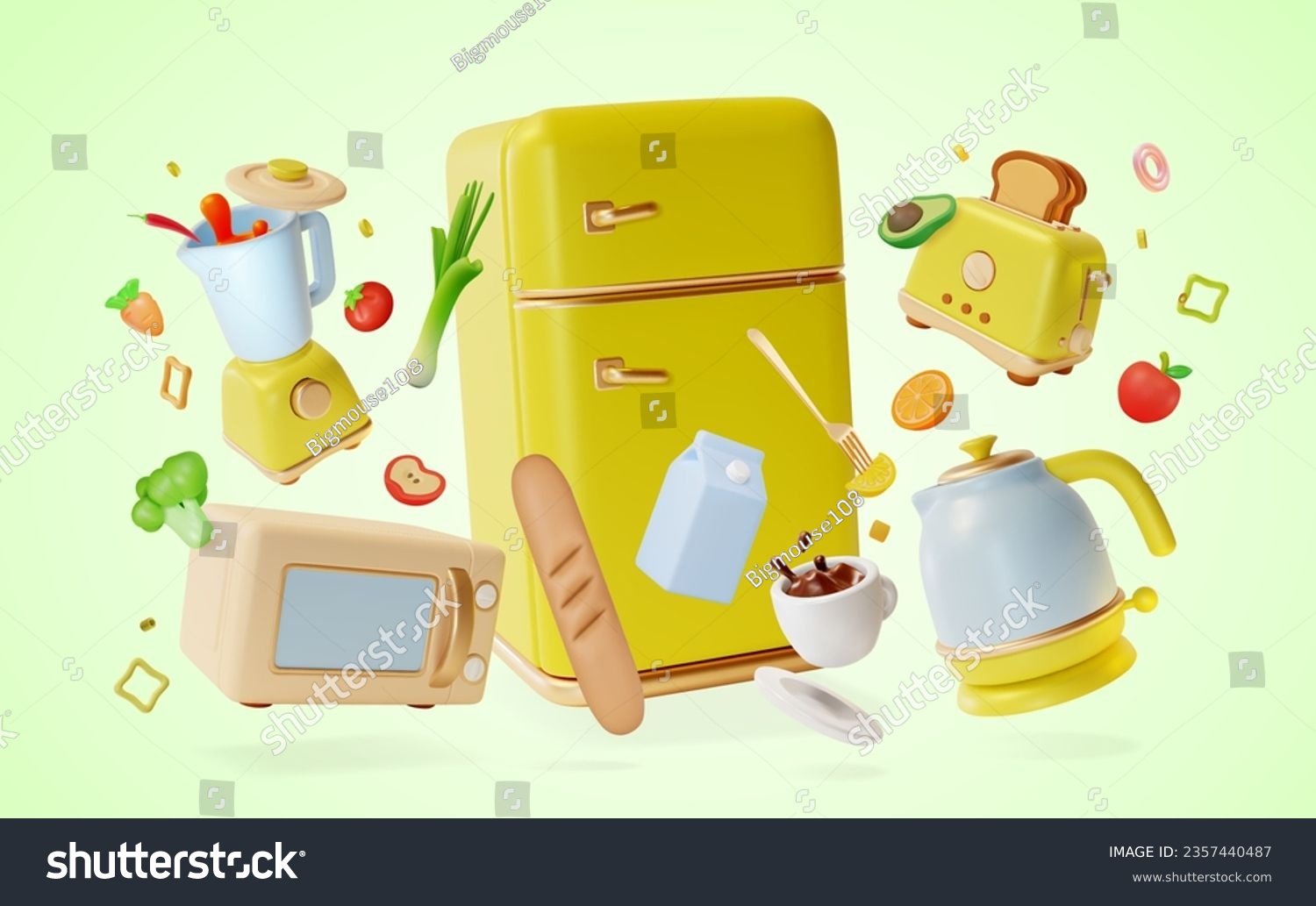 3d Kitchen Cooking Concept Cartoon Style Yellow Refrigerator and Electric Appliances Around. Vector illustration of Vertical Fridge #2357440487