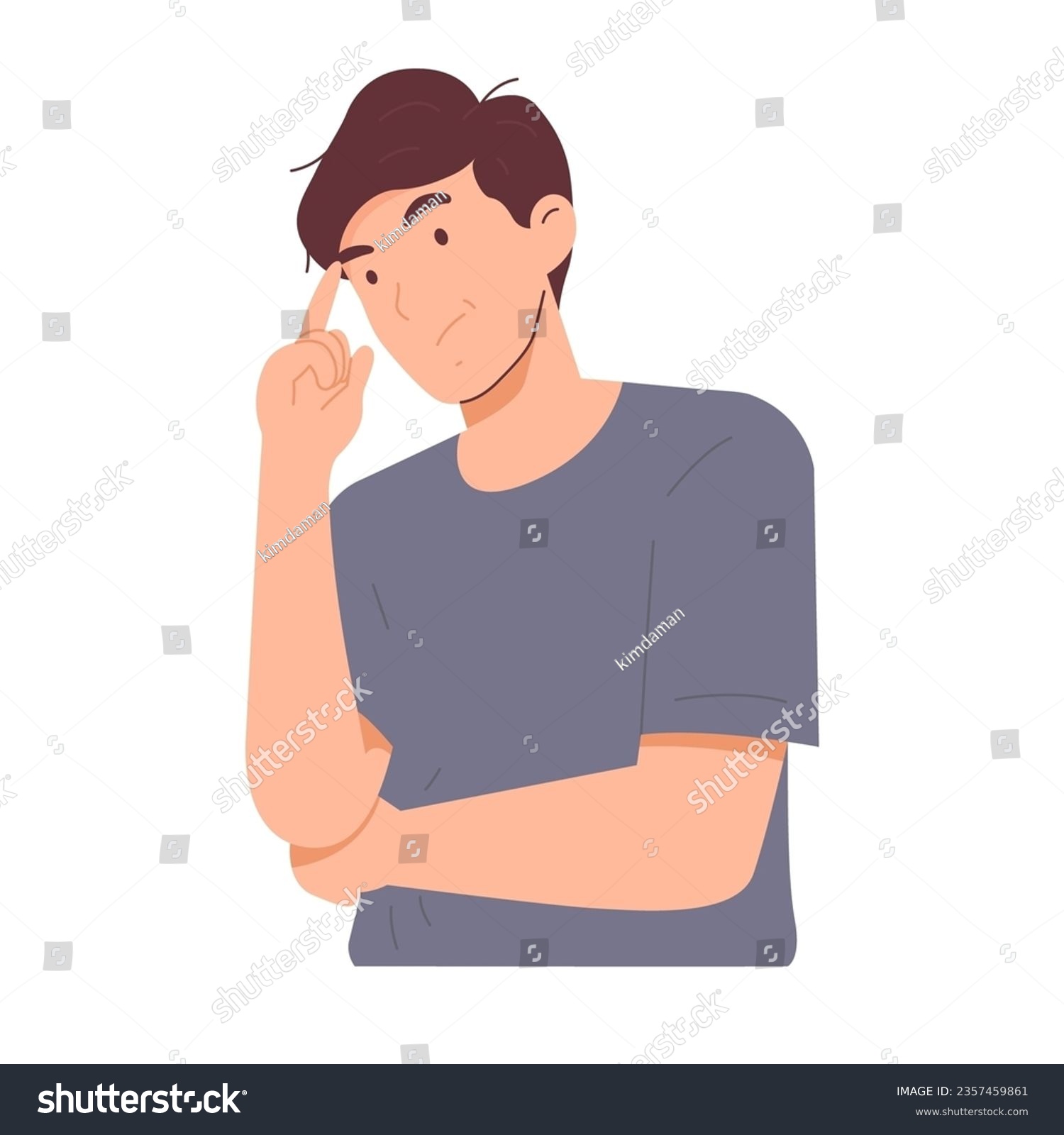 Man is confused by his thoughts or ponders something. Facial expression of curiosity, a face of surprise at a question. Hand drawn vector character illustration. Isolated on white background. #2357459861