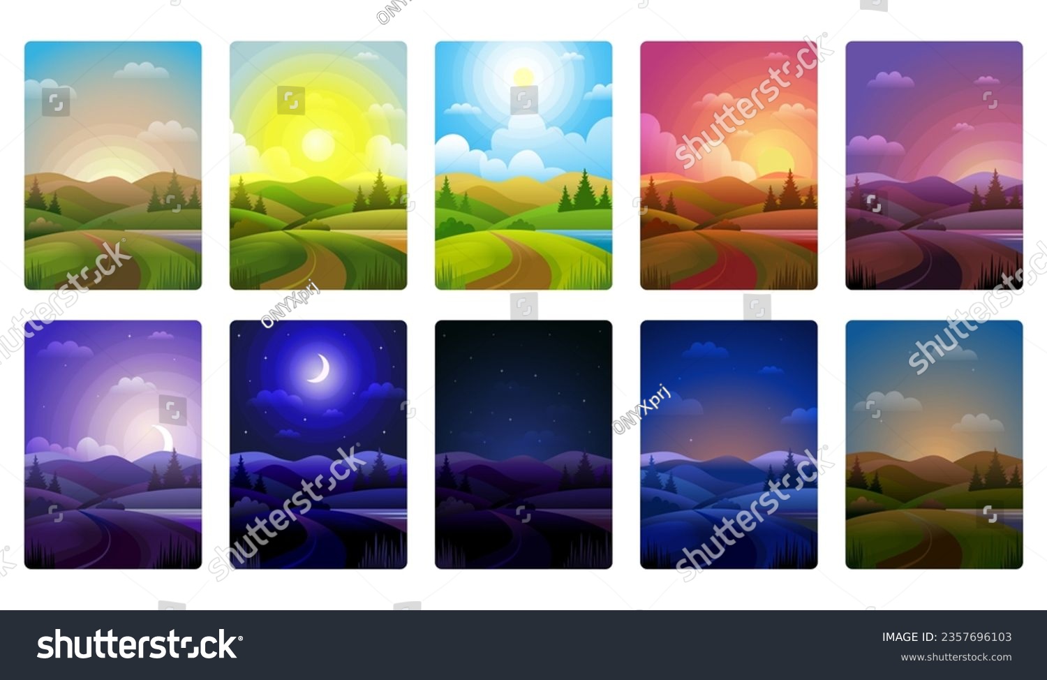 Day parts. Background of noon morning day and night recent vector cartoon landscape with weather horizon #2357696103