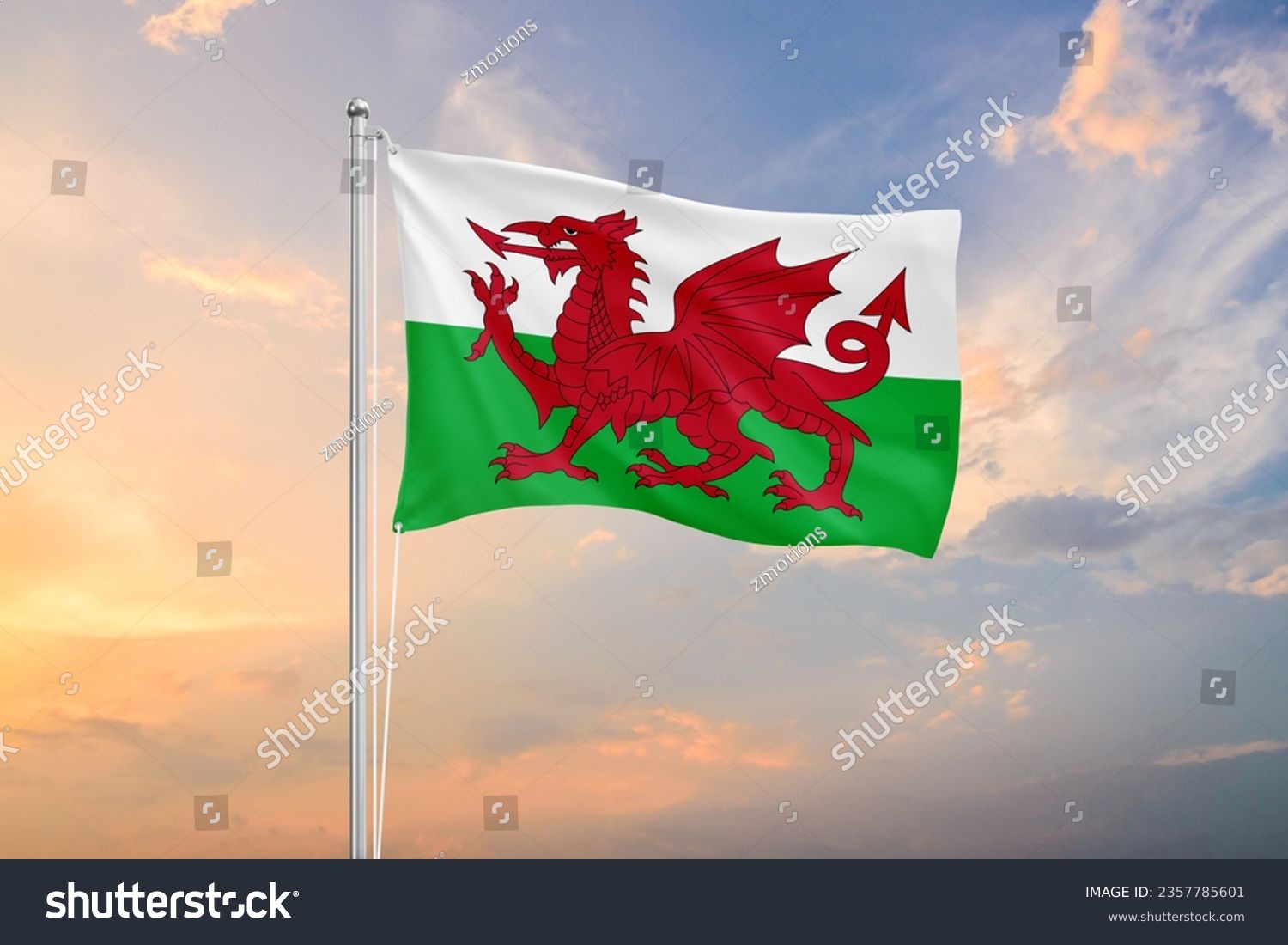Wales flag waving on sundown sky #2357785601