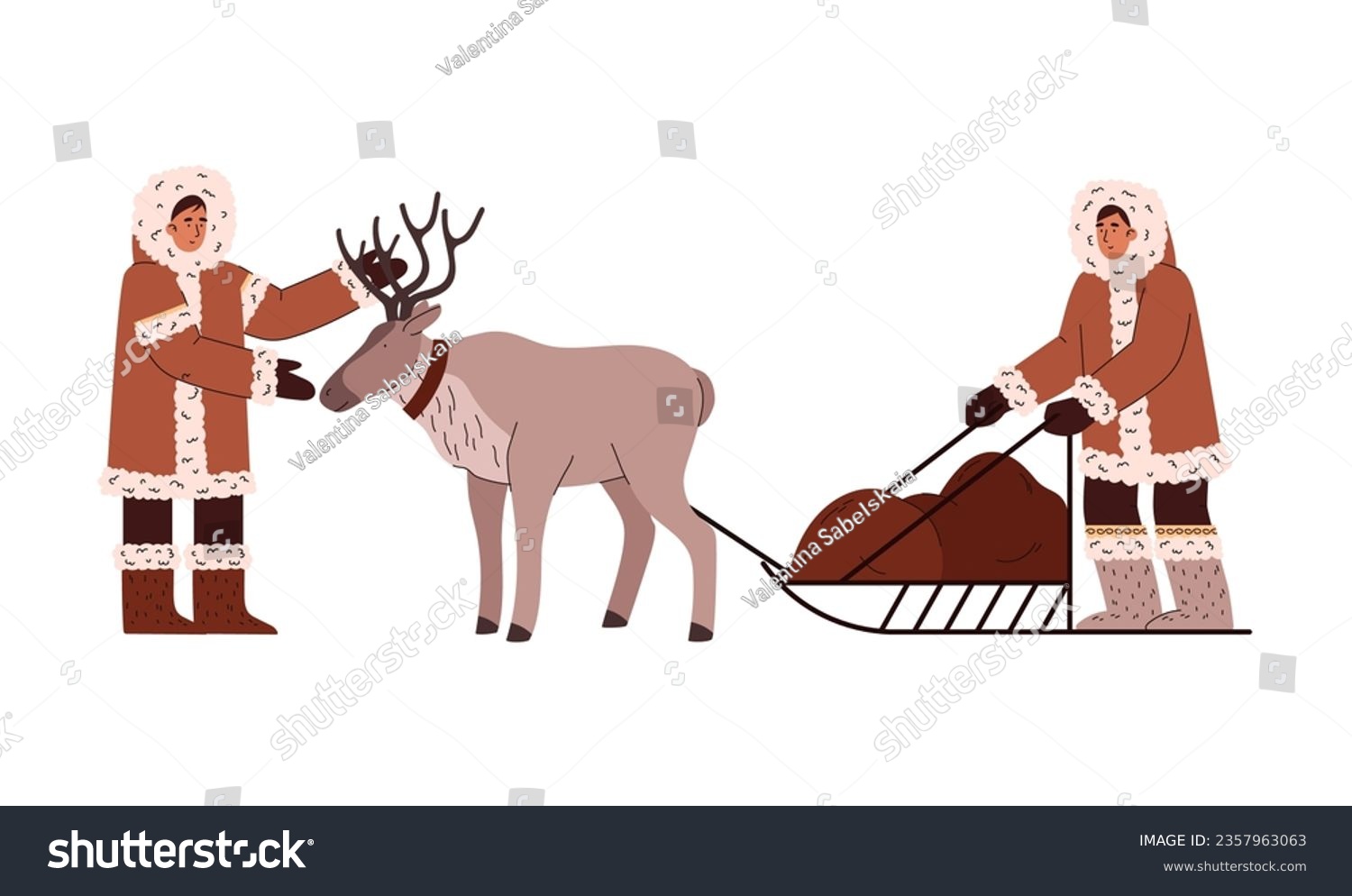 Eskimos driving a harness with reindeer, cartoon flat vector illustration isolated on white background. Eskimos peoples of the north and Arctic carton characters. #2357963063