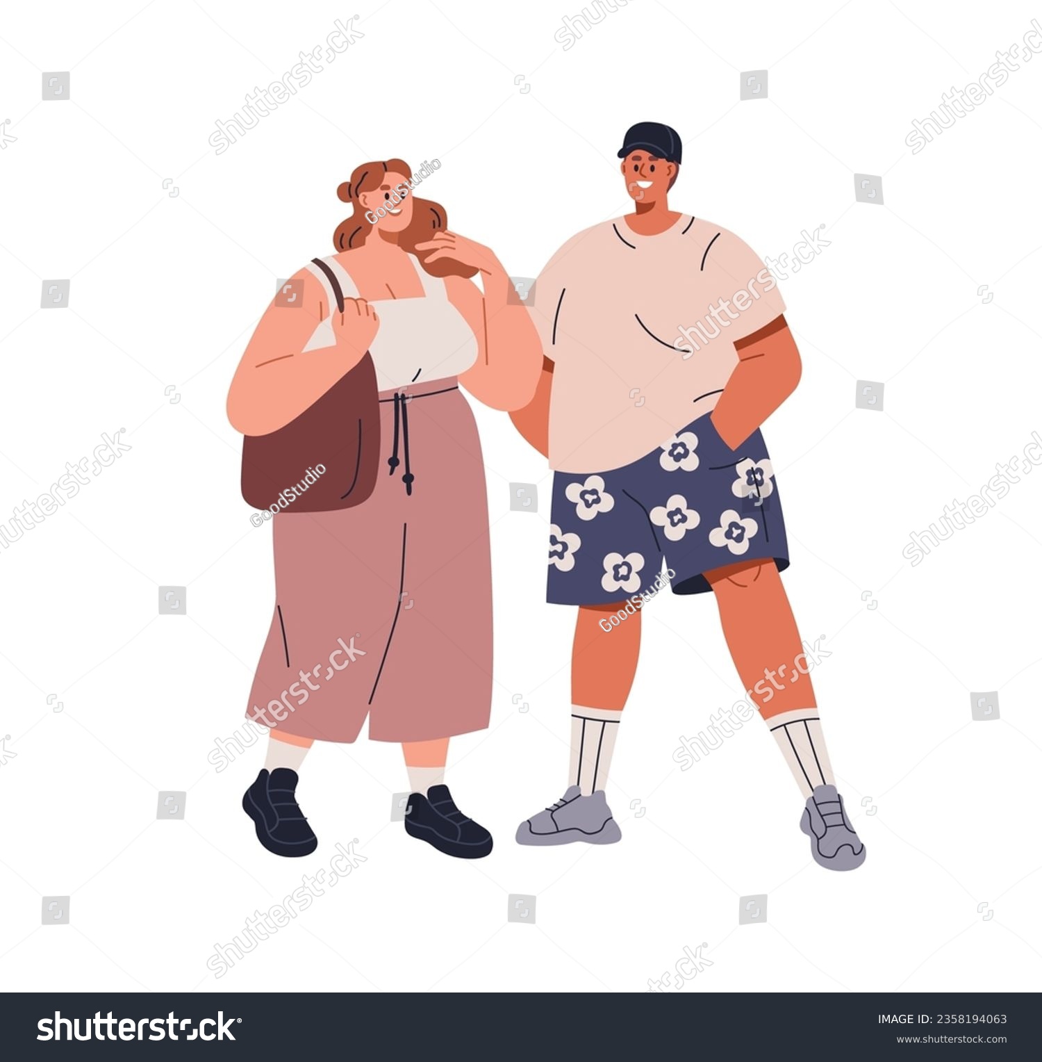 Happy couple, fat woman and chubby man talking. Young plus-size chunky overweight people standing, speaking. Friends conversation, communication. Flat vector illustration isolated on white background #2358194063