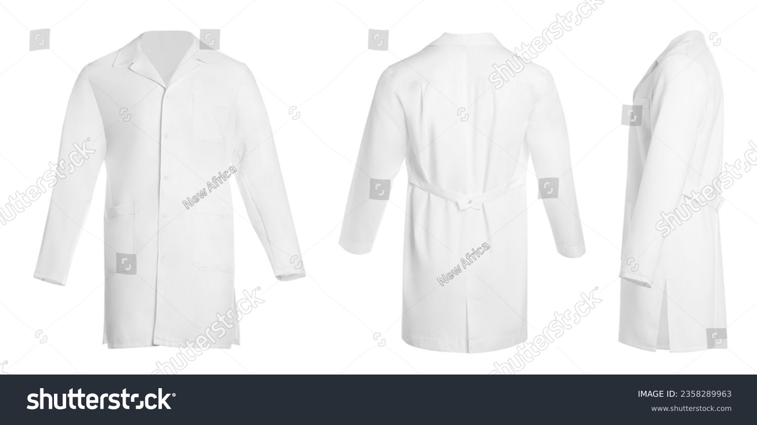 Medical uniform isolated on white, collage with back, side and front views #2358289963