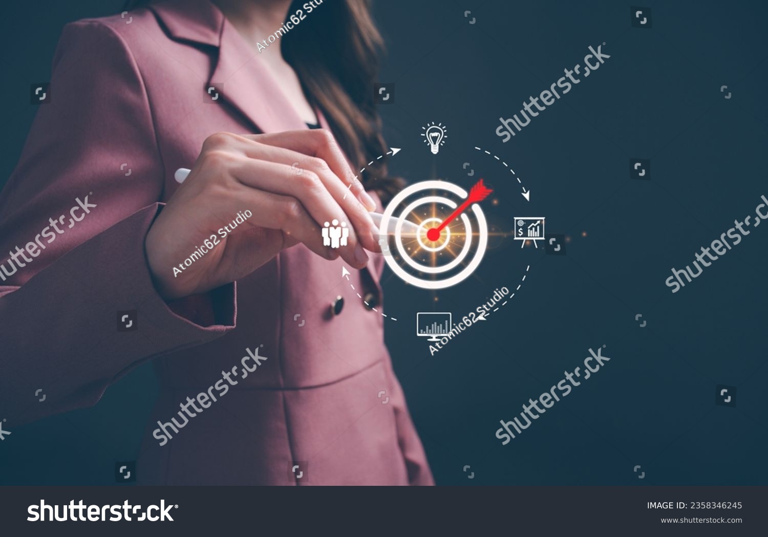 Businesswoman showing business process management icons. Concept of achieving business goal, strategic, planning, work performance is influenced by skills, abilities, competence. #2358346245