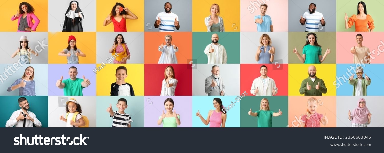 Big collage of happy people showing thumb-up gesture on color background #2358663045