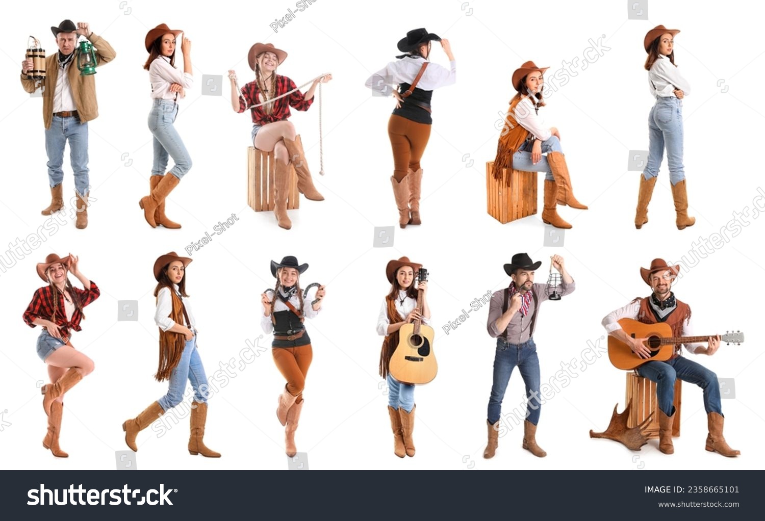 Collage of stylish cowboys and cowgirls on white background #2358665101