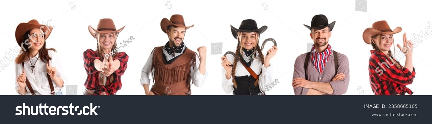 Collage of stylish cowboy and cowgirls on white background #2358665105