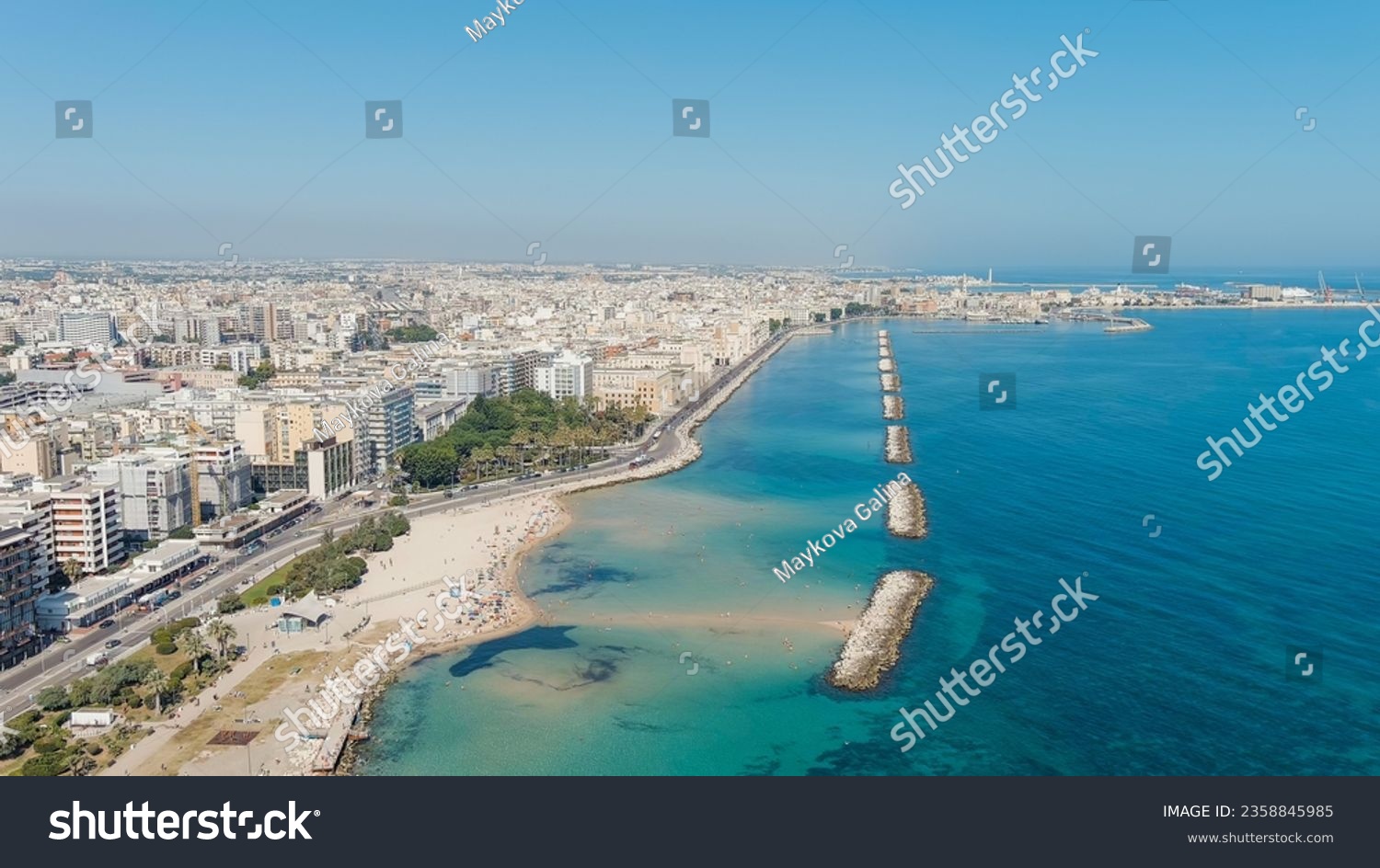 Bari, Italy. The central embankment of the city during the day. Lungomare di Bari. Summer. Bari - a port city on the Adriatic coast, Aerial View   #2358845985