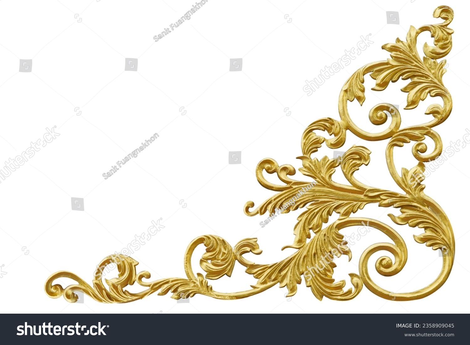 Cast iron with an ancient Roman mustard leaf pattern painted gold for decorating corners or Louis frames Isolated on white background. This has clipping path. #2358909045