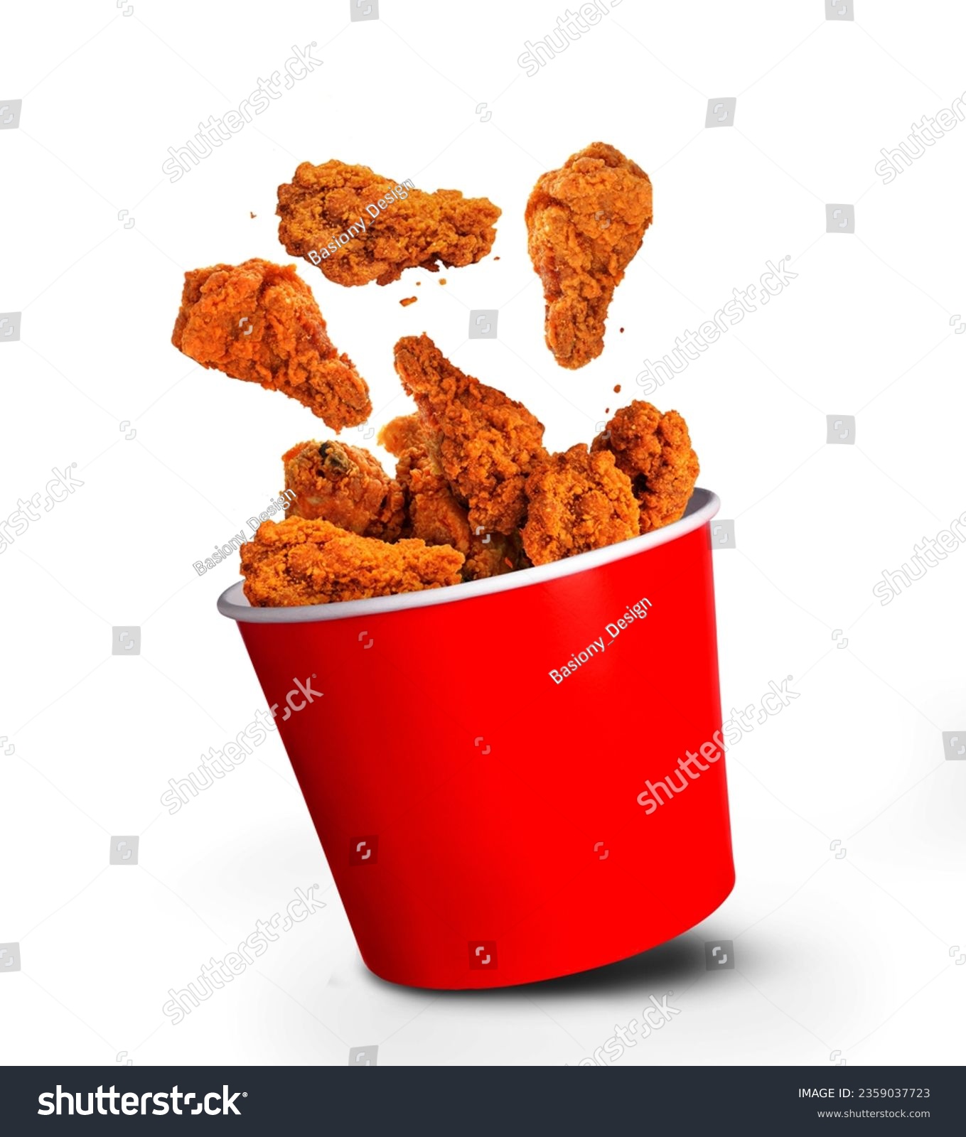 Hot Wings -Fried Chicken wings pieces fall into Bucket - large box isolated on white background	 #2359037723