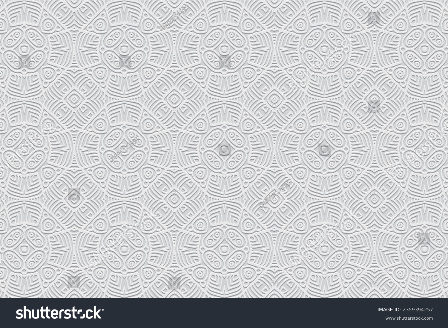 Embossed white background, cover design. Geometric ethnic 3D pattern, press paper, leather. Handmade, stylish work, anti-stress. Boho, tribal minimalist designs of East, Asia, India, Mexico, Aztec #2359394257