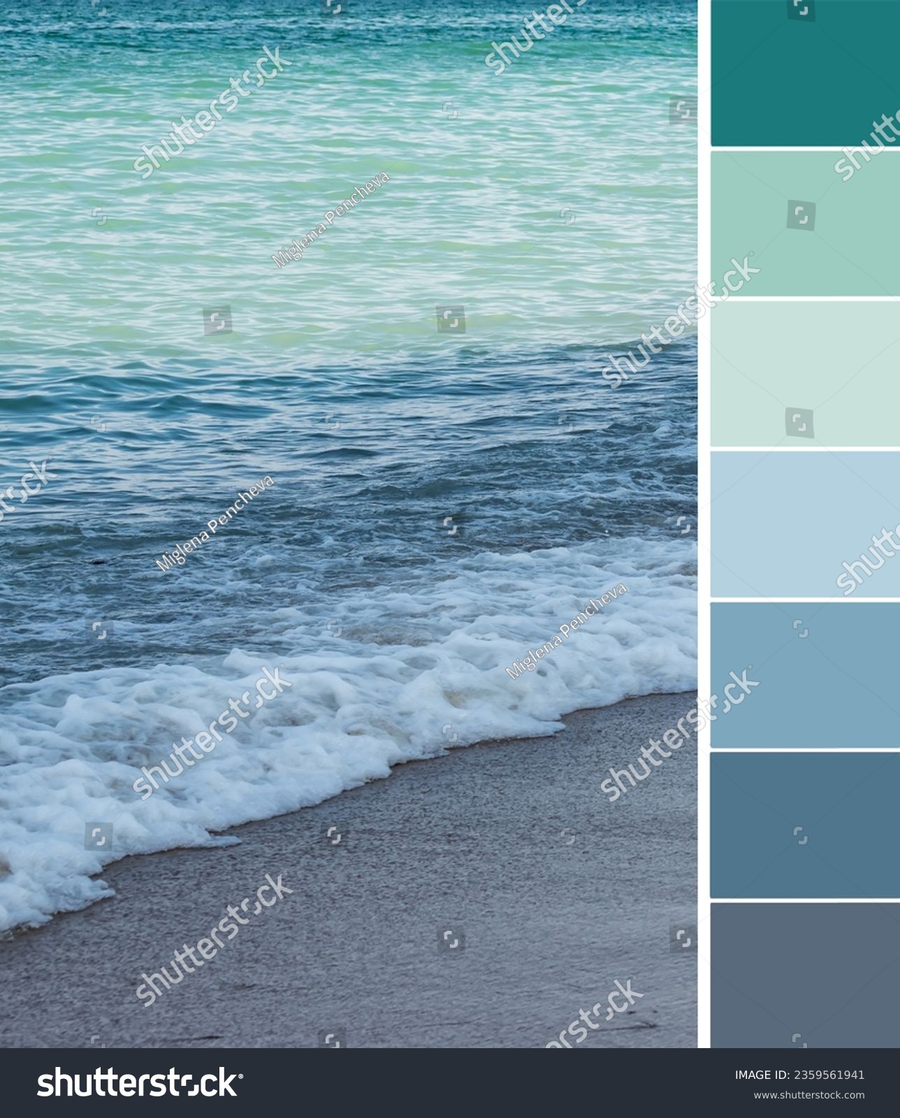 Color palette swatches of turquoise blue green water on dark sand on sea coast. Cool gamma of ground tones, muted water shades, natural colorful inspiration for styling, decoration, fashion and design #2359561941