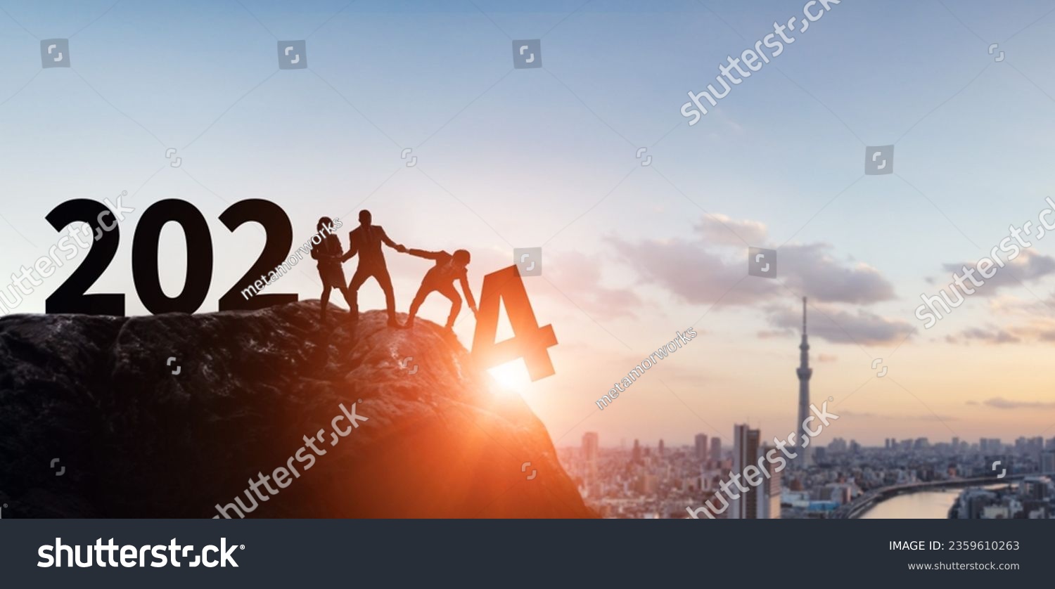 Multinational people lifting up the year 2024. 2024 New Year concept. New year's card 2024. #2359610263