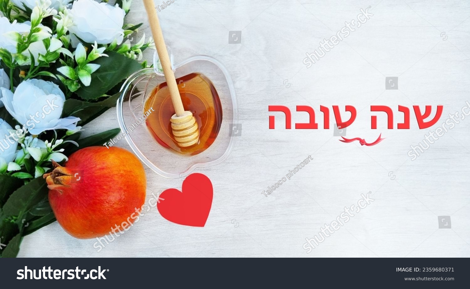 Translation title: Happy New Year. in Hebrew
pomegranate, rimmon, Honey and white flowers with love on a white white wooden surface . Rosh Hashanah holiday. Suitable for shana tova greeting card  #2359680371