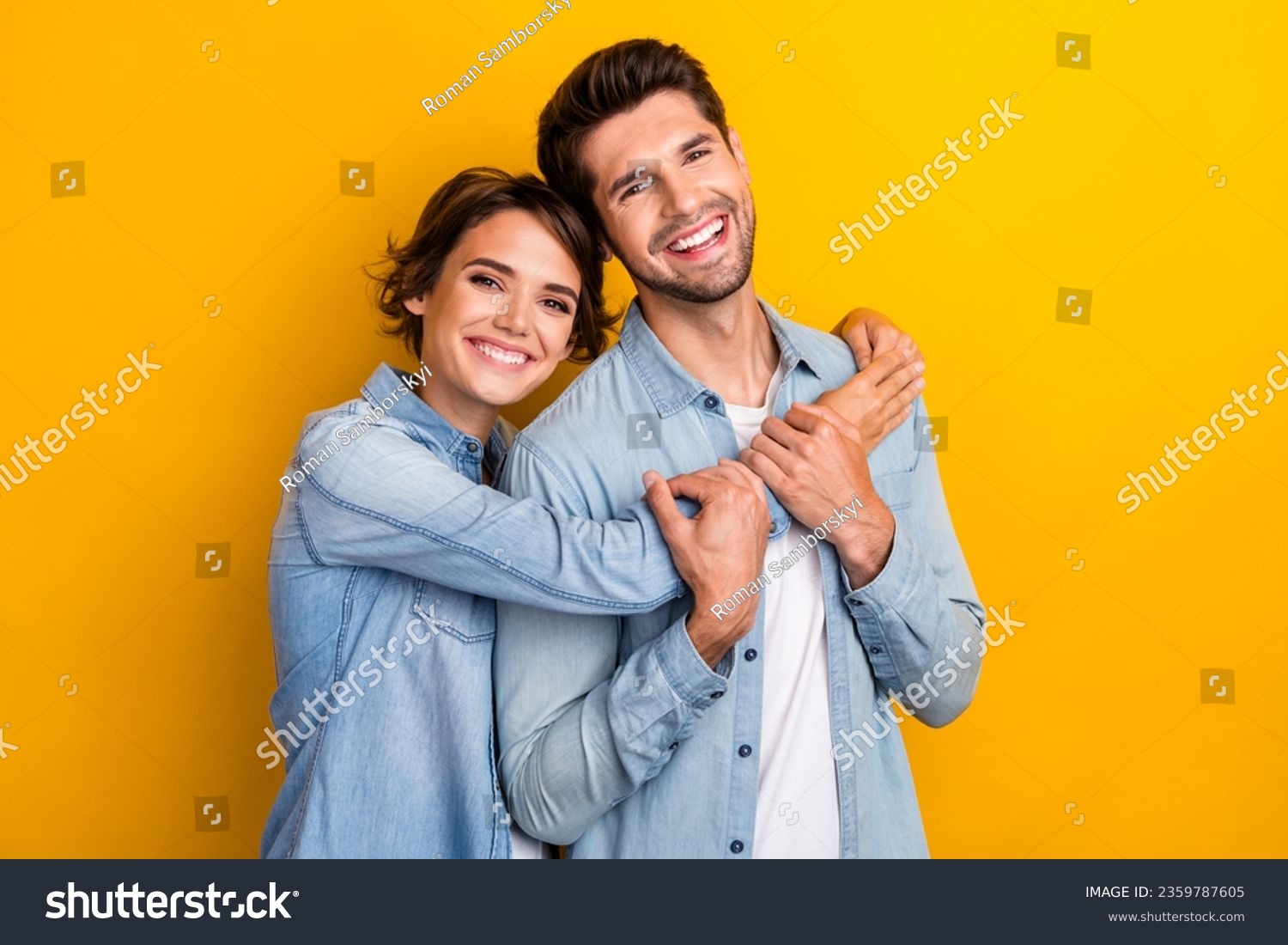 Photo of perfect family lady guy cuddle enjoy romantic date together isolated shine color background #2359787605