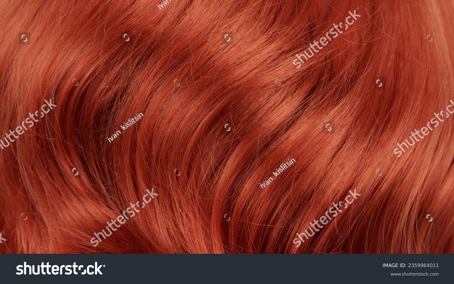 Close-up view of natural shiny red-haired hair, bunch of ginger curls background #2359964011