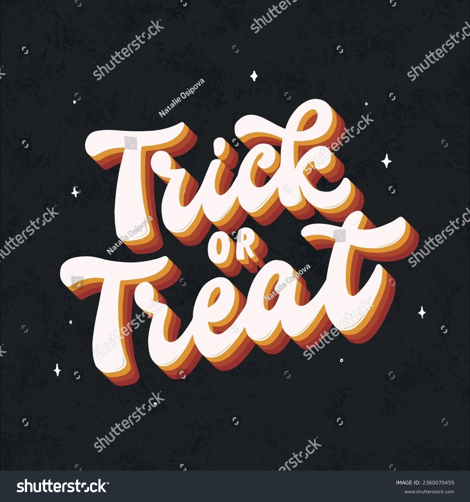 Halloween groovy lettering quote 'Trick or treat' decorated with stars on black textured background for cards, posters, prints, banners, stickers, sublimation, etc. EPS 10 #2360070455