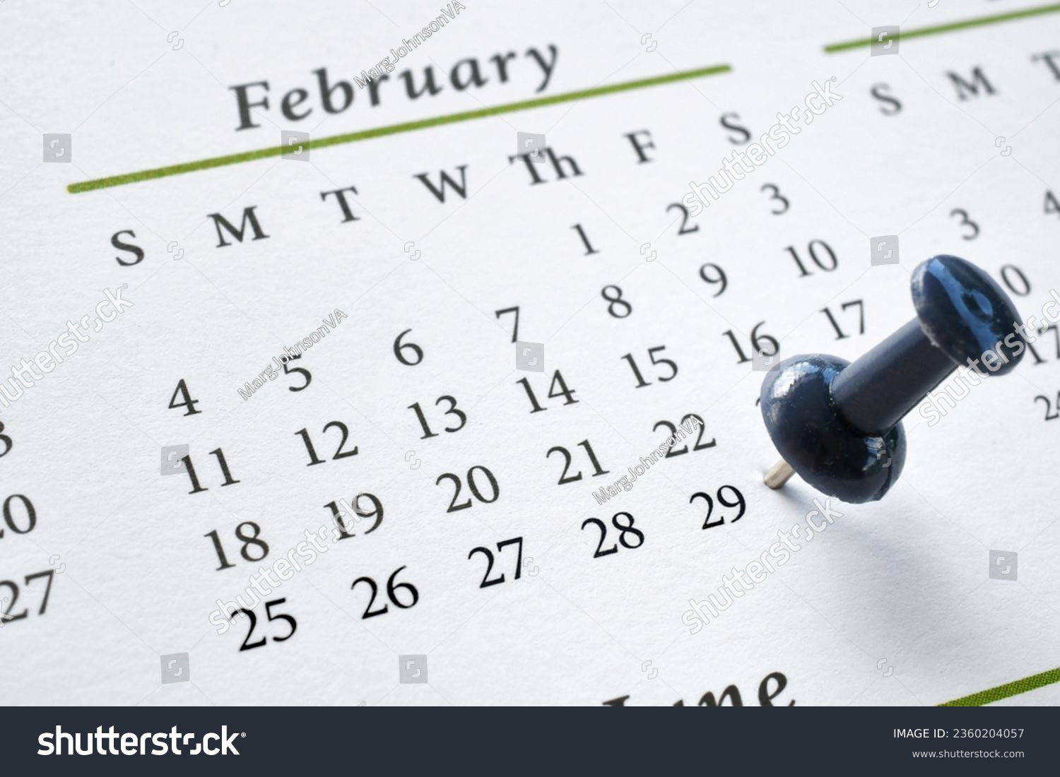 A pushpin marking Leap Year Day, February 29, on a calendar #2360204057