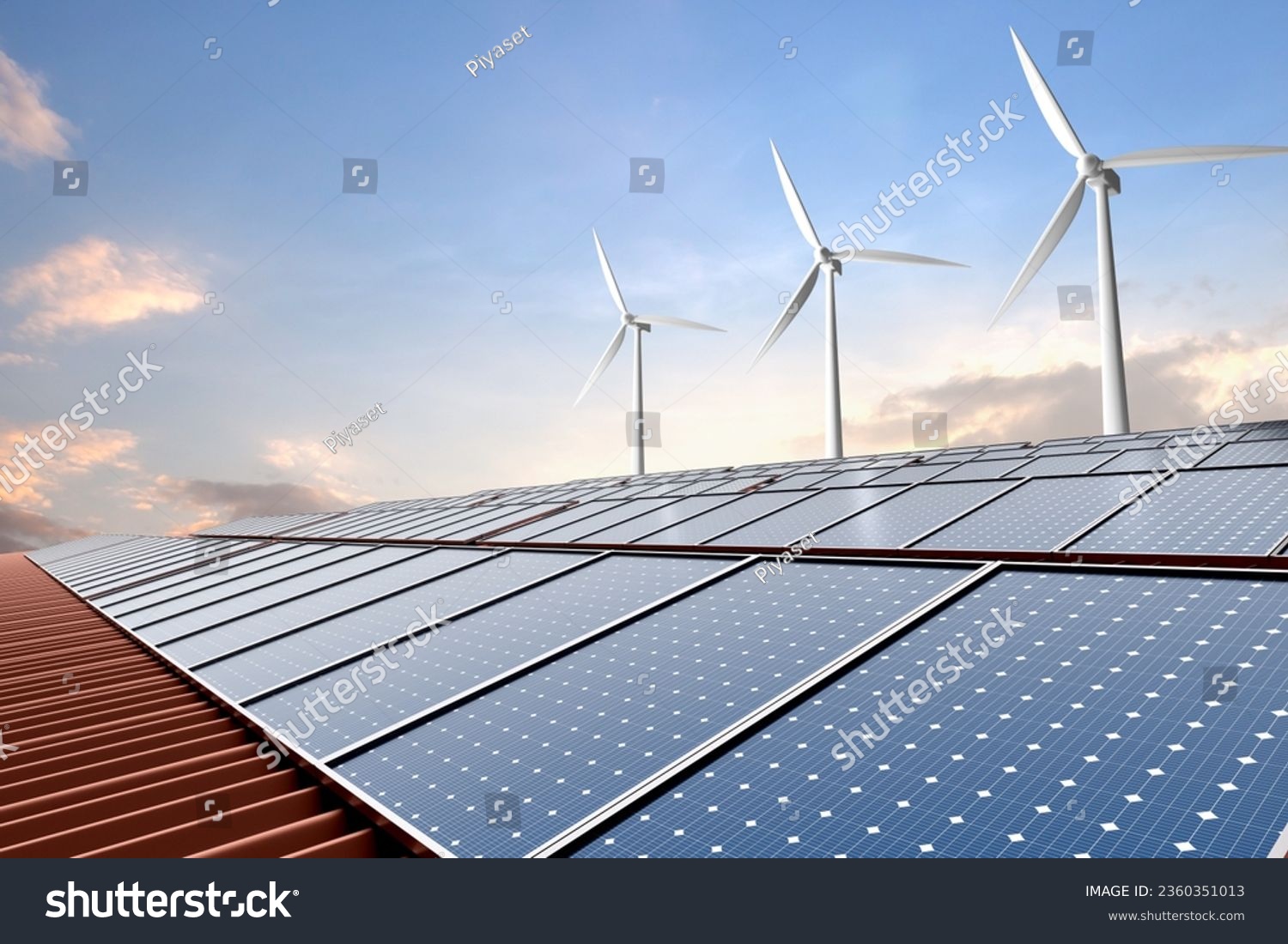 Solar panel on factory roof with wind turbine and blue sky background #2360351013