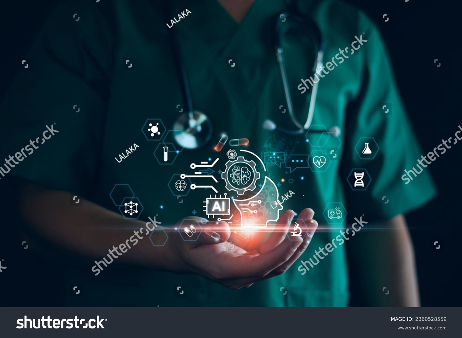 Medical technology, doctor use AI robots for diagnosis, care, and increasing accuracy patient treatment in future. Medical research and development innovation technology to improve patient health. #2360528559