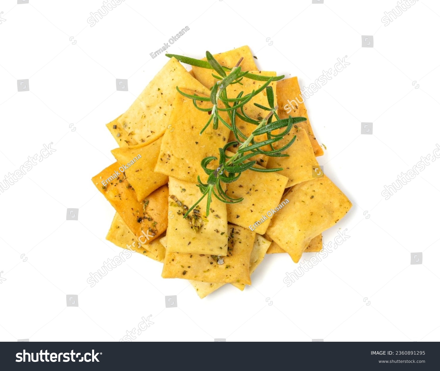 Pita Chips Pile Isolated, Small Wheat Tortillas, Crunchy Flat Bread with Herbs and Spices, Spicy Mediterranean Wheat Snack, Pita Chips on White Background Top View #2360891295