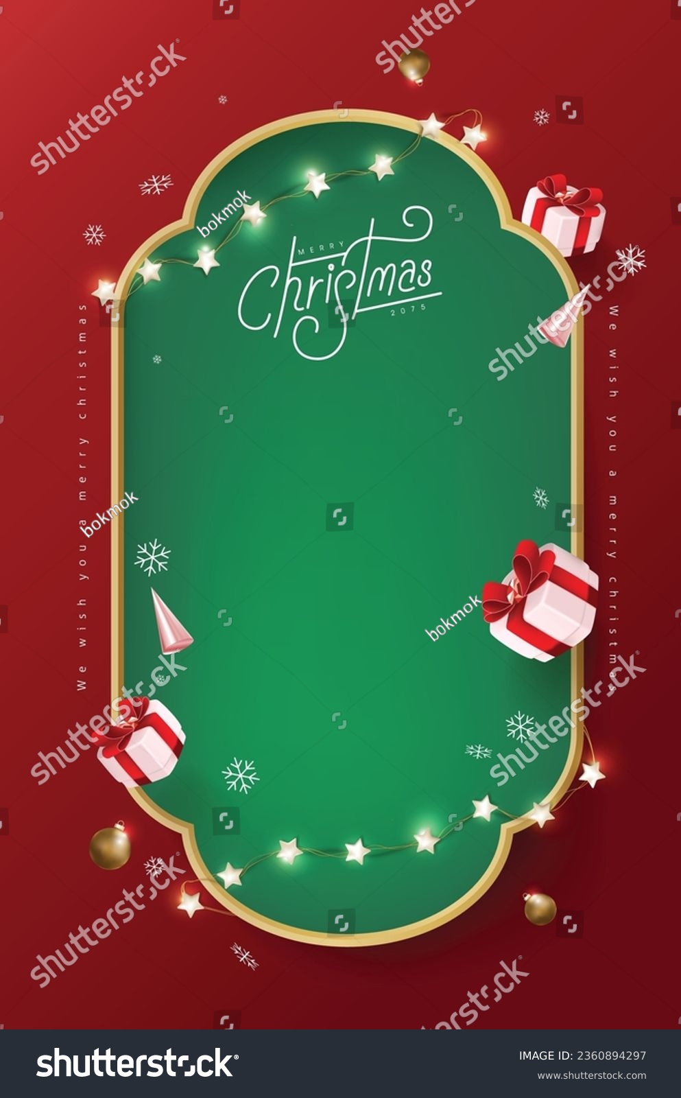 Merry Christmas sign banner frame with empty space and festive decoration on red background #2360894297