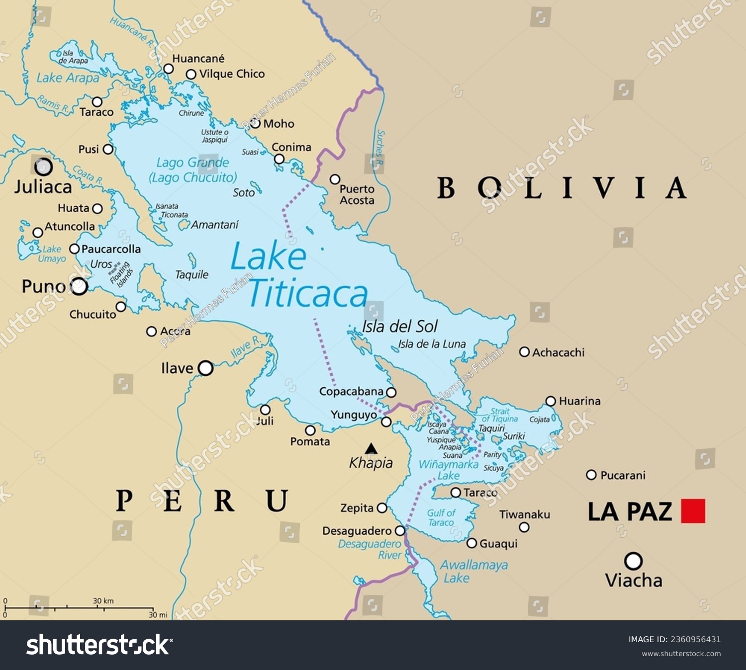 Lake Titicaca Political Map Large Freshwater Royalty Free Stock