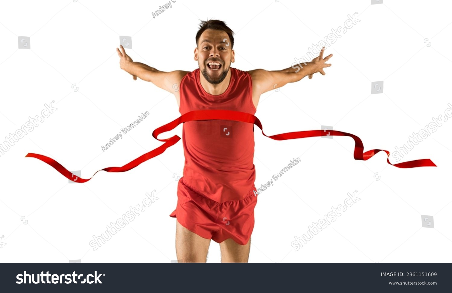 The runner wins by crossing the finish line ribbon on a white background. Sport and fitness motivation #2361151609