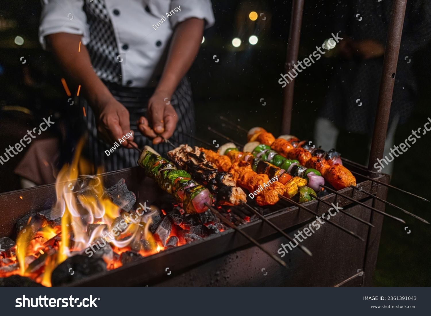 Selected Focus on Marinated Paneer Tikka Slices for Roasting Barbeque BBQ. Selective Focus, Selective Focus on Subject, Background Blur. #2361391043