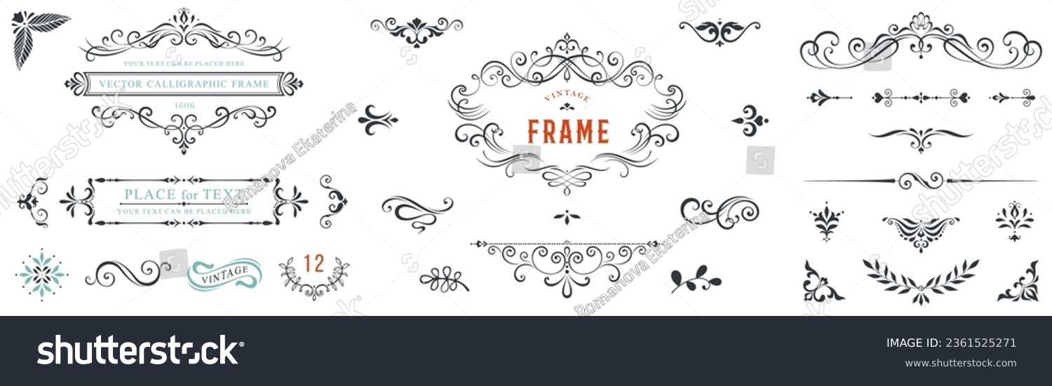 Ornate vintage frames and scroll elements. Classic calligraphy swirls, swashes, dividers, floral motifs. Good for greeting cards, wedding invitations, restaurant menu, royal certificates. #2361525271