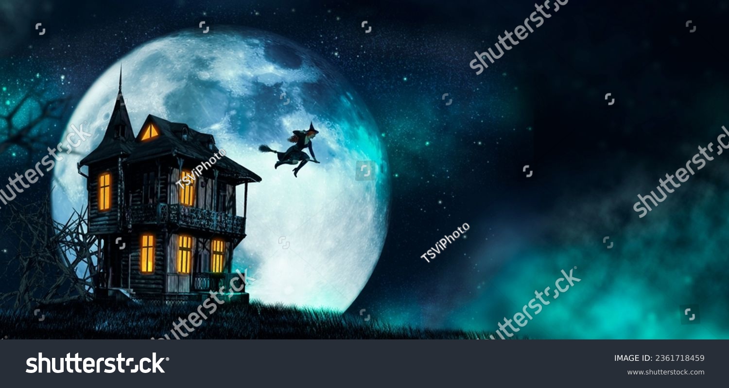 Halloween Witch flying on a broomstick. Female wizard fairy character for All Saints' Day. Fantasy gothic red-haired sorceress girl dressed in black carnival costume. Enchantress woman #2361718459