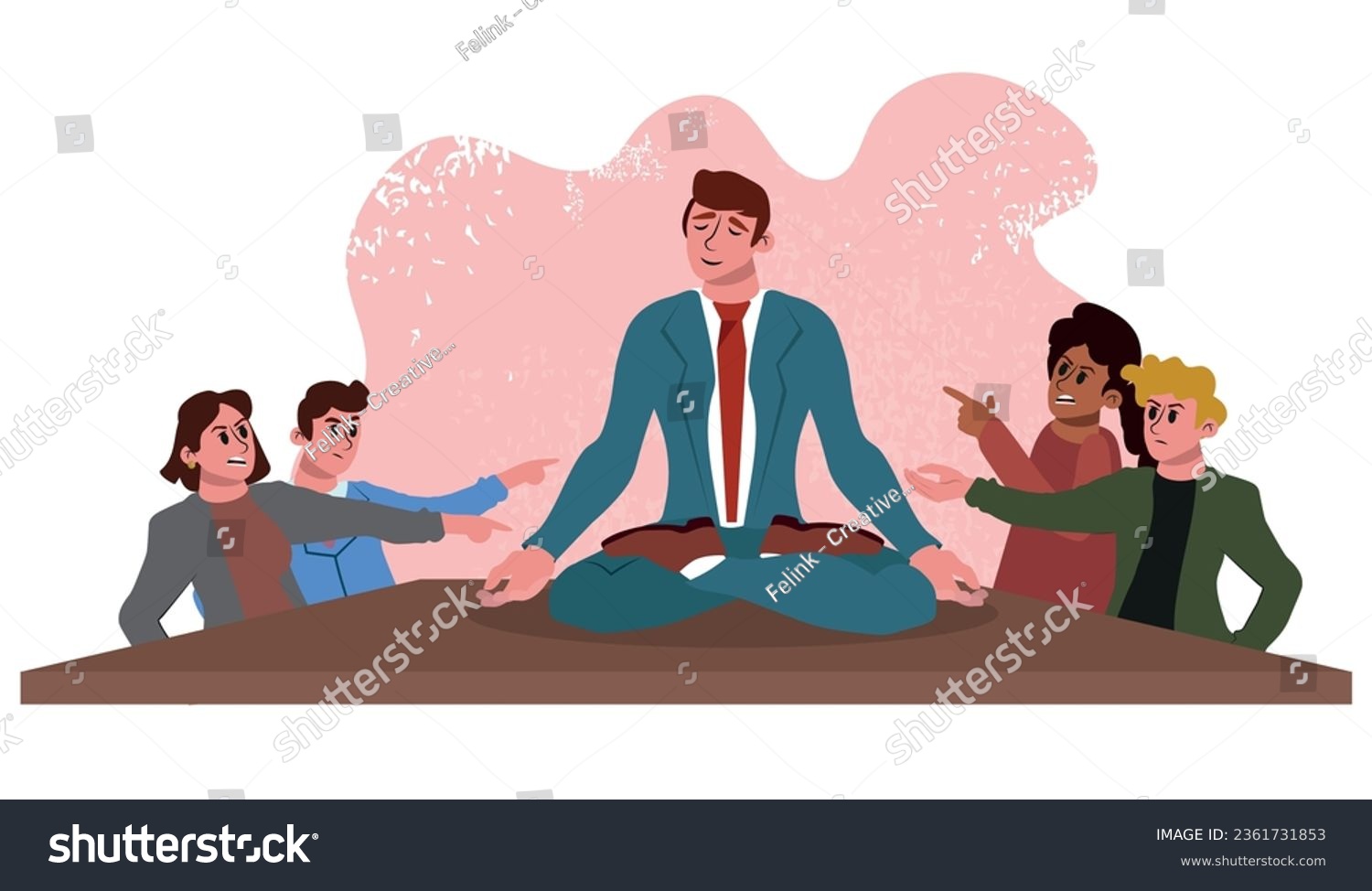 Business negotiation, male partners arguing, funny relaxed man keeping calm in stressful situation, meditating with composed smile, dealing with emotional angry customer, stress management concept #2361731853