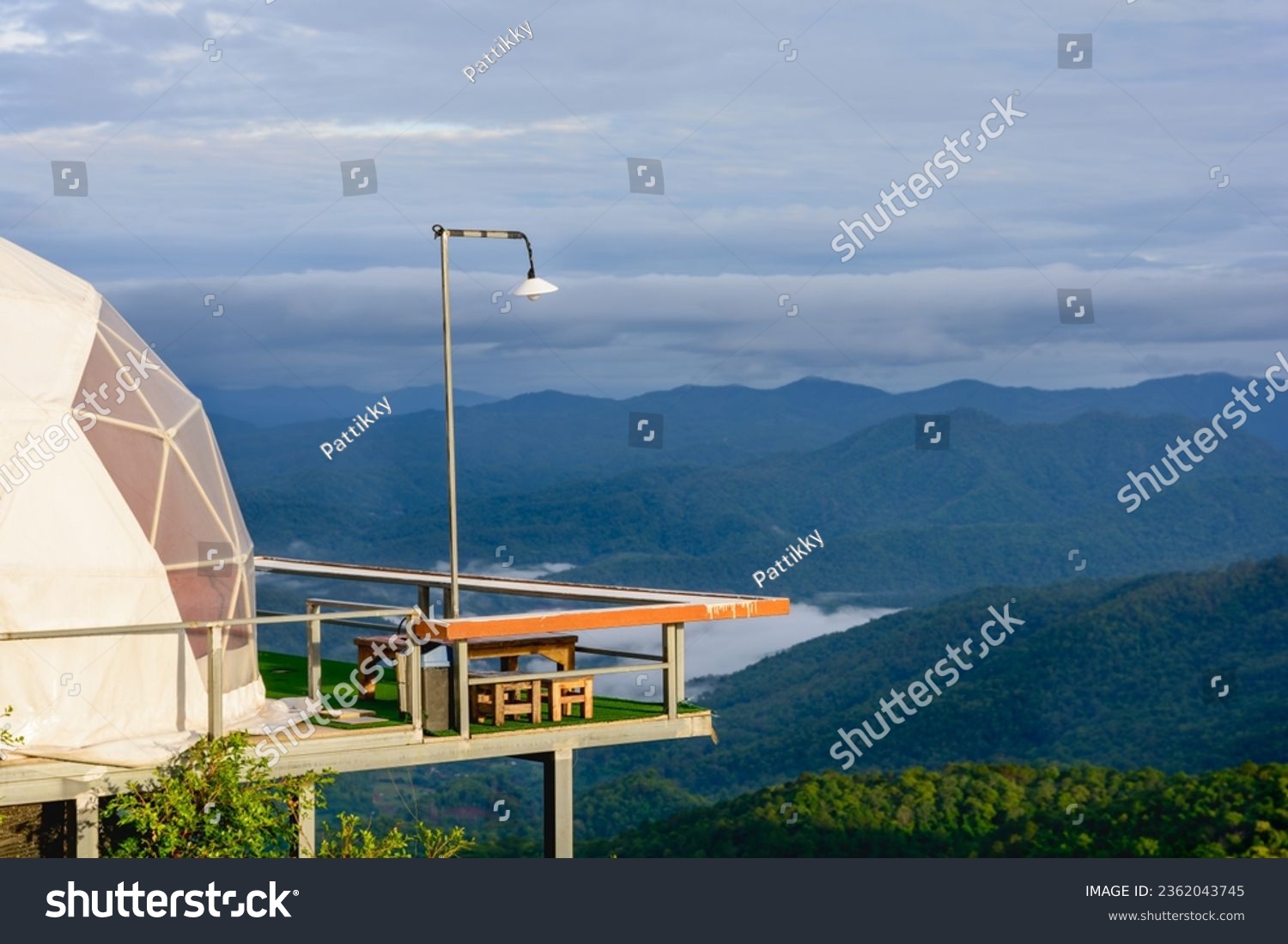 Dome tent for camping and beautiful landscape on hill in rainy season at Mon Jam, Chiang Mai, Thailand. Geo dome tents. Outdoors cabin.Cozy, camping, glamping, holiday, vacation lifestyle concept. #2362043745