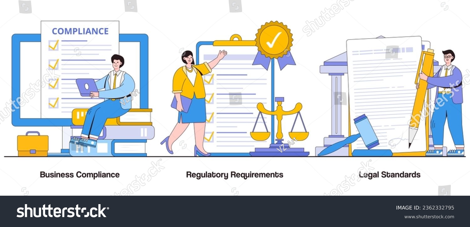 Business compliance, regulatory requirements, legal standards concept with character. Compliance management abstract vector illustration set. Risk mitigation, ethical conduct, regulatory adherence. #2362332795