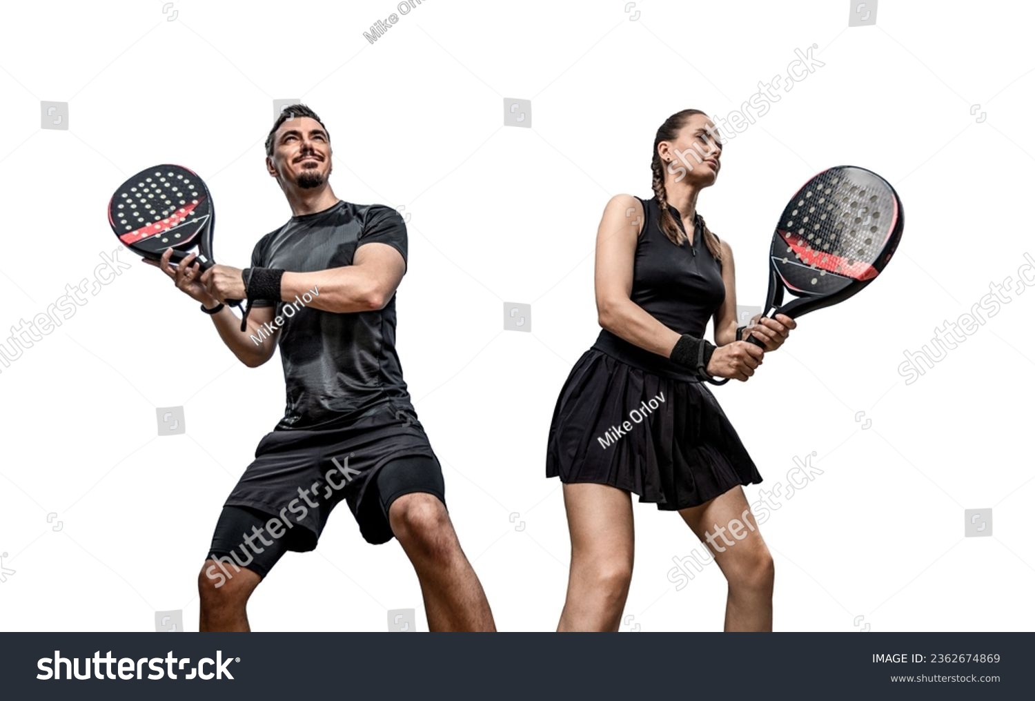 Family team. Group of two padel tennis players with racket. Woman and man athletes with paddle racket isolated on white background. Sport concept. Download a high quality photo for a sports app. #2362674869