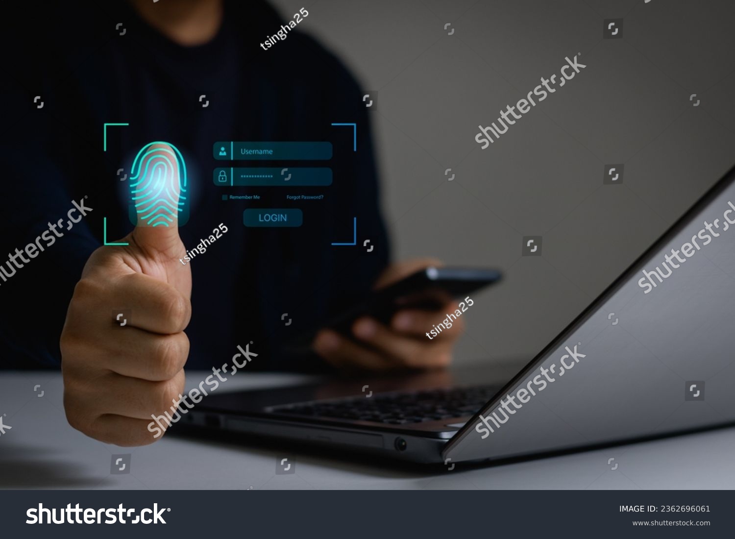 Cyber security concept. Businessman login with fingerprint scanning technology. fingerprint to identify personal. Fingerprint scan provides security access with biometrics identification. #2362696061