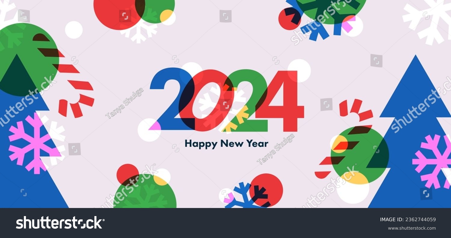 Happy New Year 2024 greeting banner. Trendy modern Xmas design with 2024 typography, overlay elements, candy cane, snowflake, Christmas tree. Horizontal poster, greeting card, header for website #2362744059