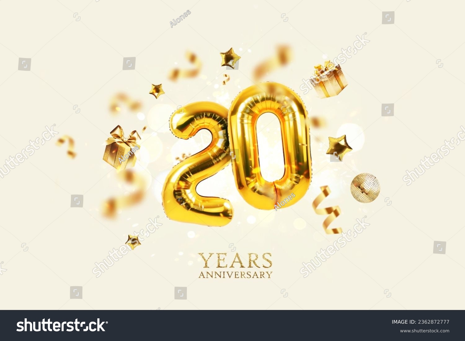Gold festive balloons 20 years anniversary with golden confetti, presents, mirror ball and stars fly on a beige background with bokeh lights and sparks. Birthday luxury twenty card, a creative idea #2362872777