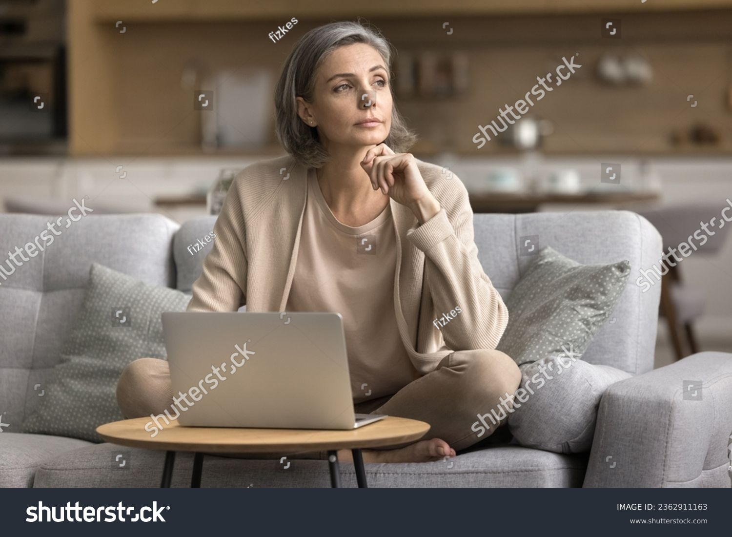 Serious thoughtful mature freelance business woman working at laptop at home, using domestic Internet connection, looking away, thinking, making decision, sitting on sofa at computer, touching chin #2362911163
