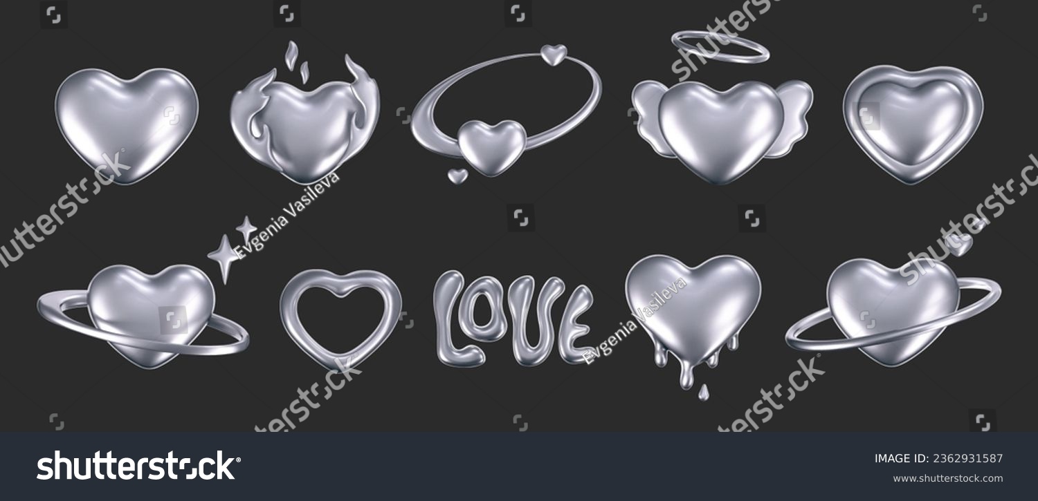 3d chrome hearts in y2k style isolated on dark - Royalty Free Stock ...