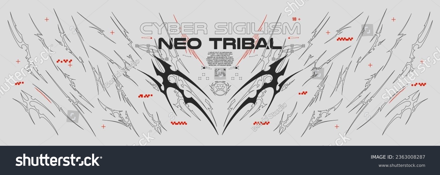 Collection of Neo Tribal symmetrical shapes. Cyber sigilism elements, gothic y2k sharp spikes with bones. Vector shape set #2363008287
