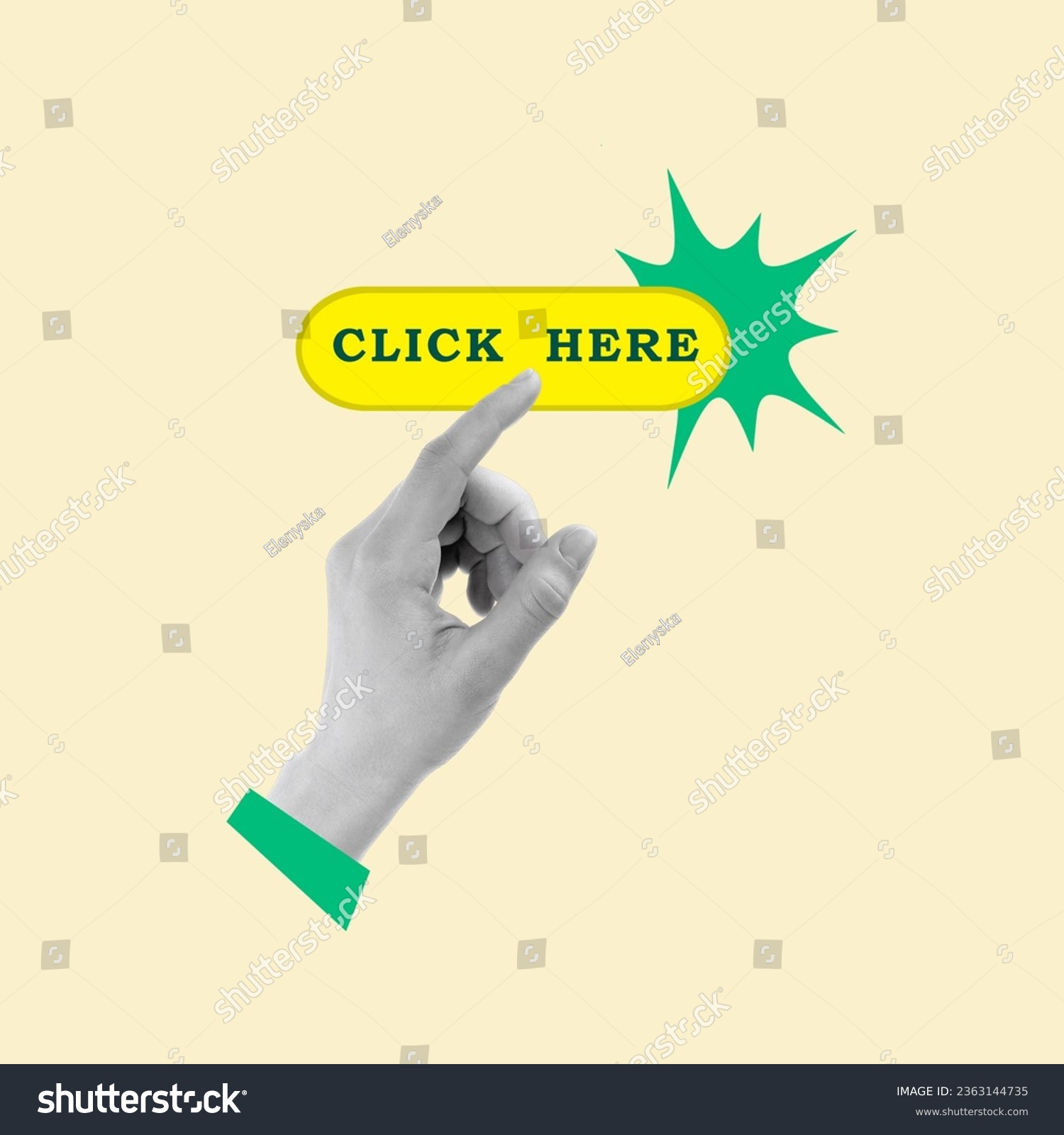 
Contemporary art collage of hand presses the click here button. Modern design. Copy space. #2363144735
