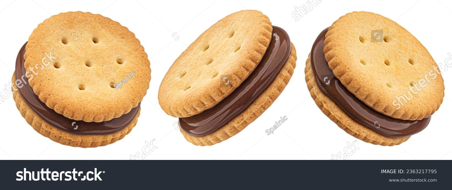 Sandwich cookies, chocolate cream filled biscuits isolated on white background, full depth of field #2363217795