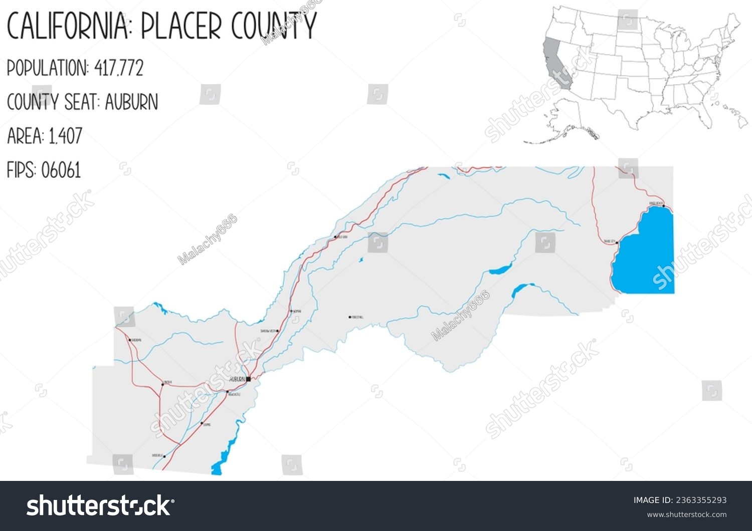 Large and detailed map of Placer County in - Royalty Free Stock Vector ...