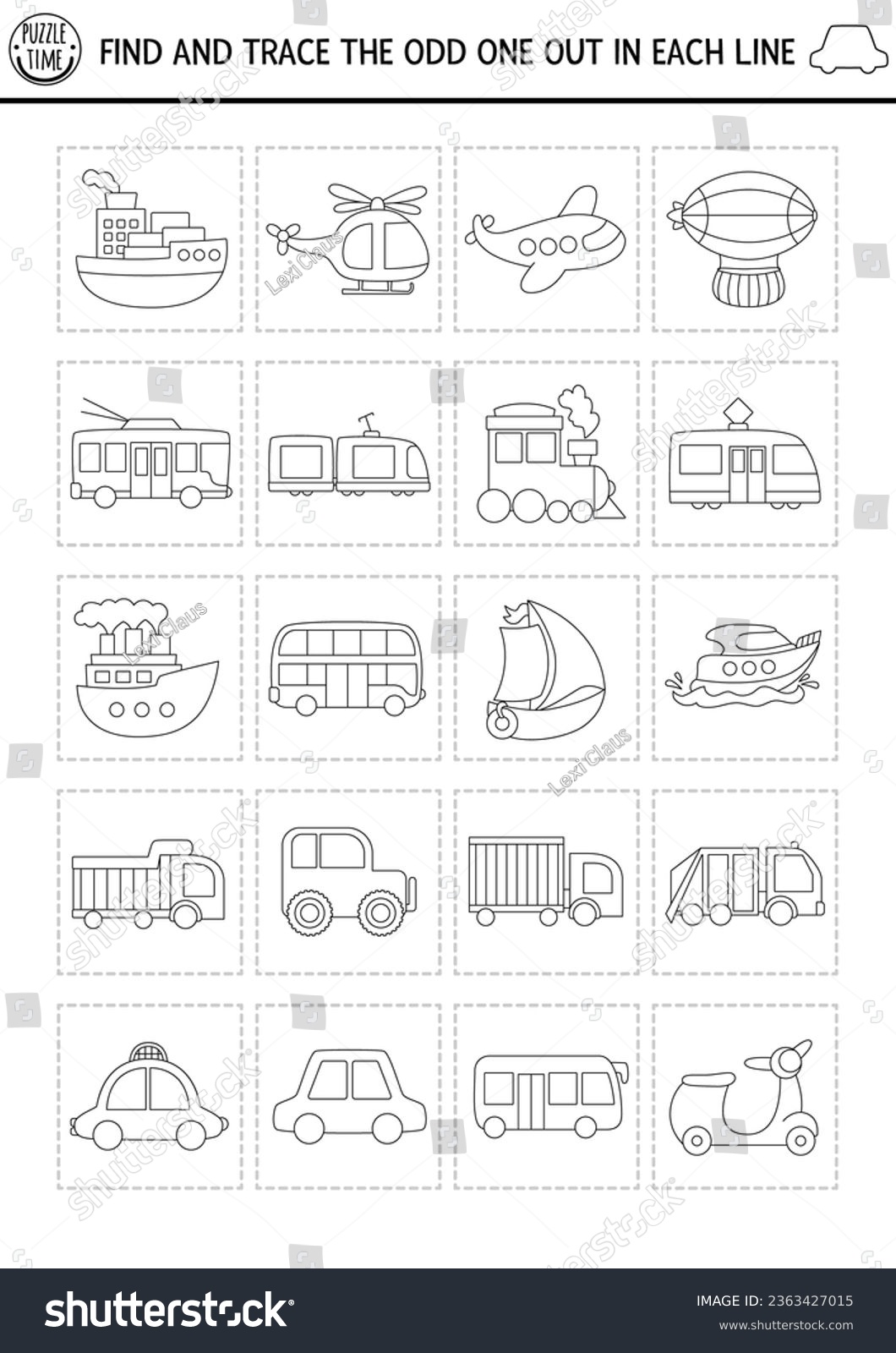 Find the odd one out. Transportation black and white logical activity for kids. Water, air, land, public transport educational quiz worksheet, coloring page. Printable game with car, bus, train, tram #2363427015