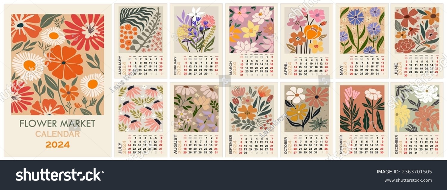 Floral calendar template for 2024 . Vertical - Royalty Free Stock ...