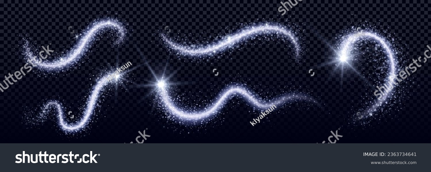 White magic dust with light effect vector set. Glitter spray fairy overlay with spark glow. Fantasy silver wizard wand spell trail. Ice trace line with shimmer powder. Snow twinkle wave illustration #2363734641